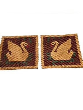 Pair of Vintage Beaded Bamboo Swan Trivets Boho Cottagecore Farmhouse Decor Set